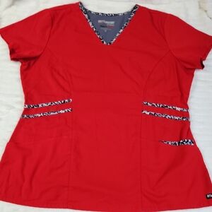 Grey's Anatomy Red V-Neck Scrub Top with Black & White Trim